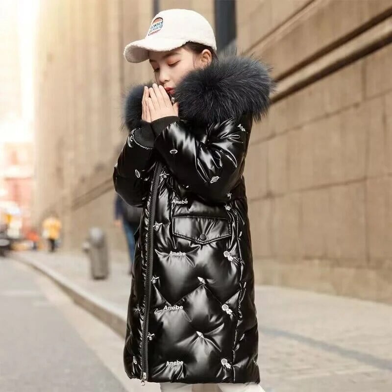 2023 Зимни дебели памучни палта за момичета Водоустойчиви кожени яка Якета с качулка Детско връхно облекло Облекло Тийнейджърска парка Снежен костюм