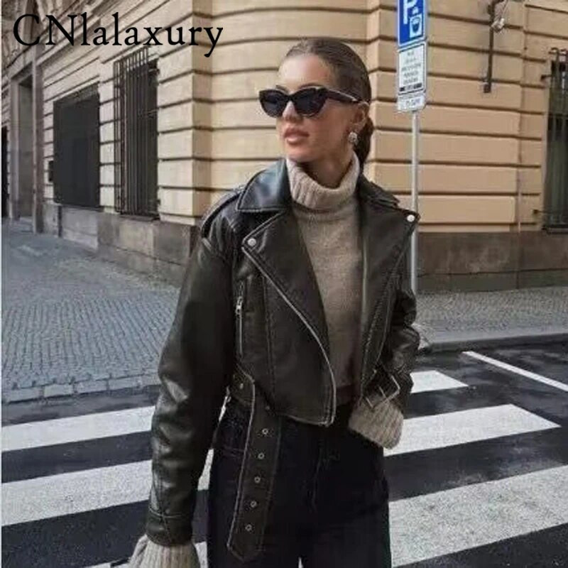 CNlalaxury Γυναικεία Πράσινη Ζώνη από συνθετικό δέρμα Vintage τσέπες με φερμουάρ με πόρπη από δέρμα 2023 Άνοιξη γυναικεία κοντά πανωφόρια