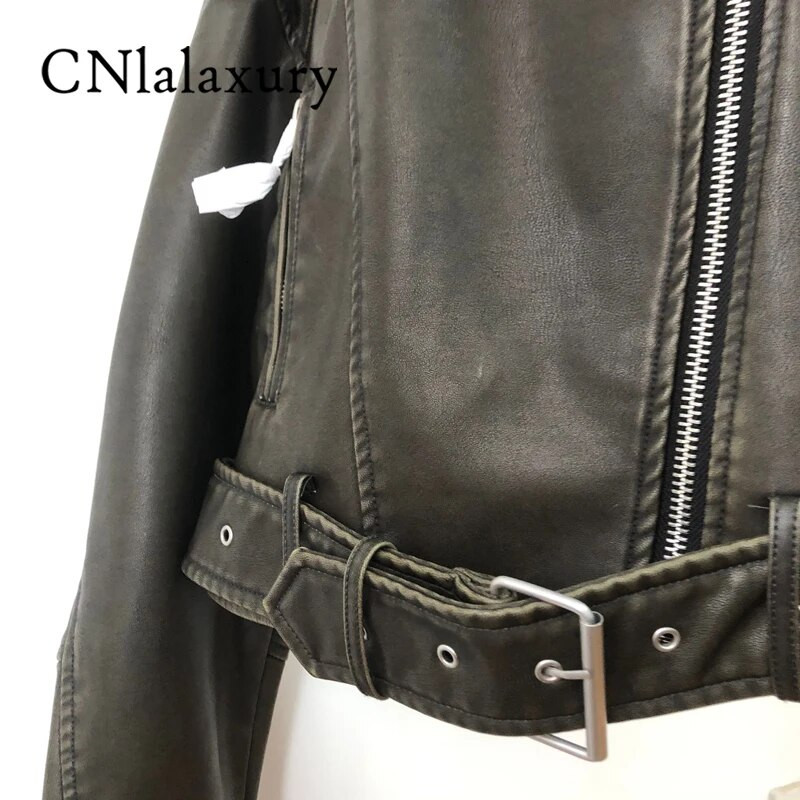 CNlalaxury Γυναικεία Πράσινη Ζώνη από συνθετικό δέρμα Vintage τσέπες με φερμουάρ με πόρπη από δέρμα 2023 Άνοιξη γυναικεία κοντά πανωφόρια