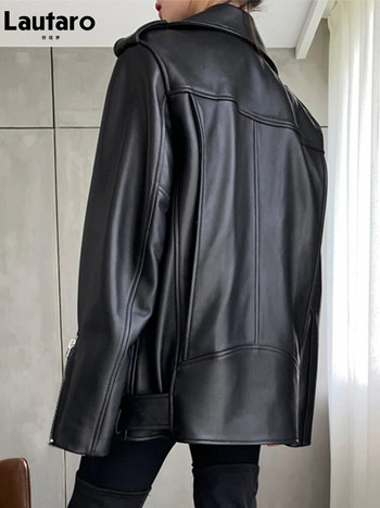Lautaro Есенно дамско кожено моторно мотоциклетно яке с цип и дълъг ръкав Свободно червено черно меко яке от изкуствена кожа за жени 2021