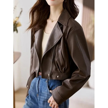 2023 Γυναικεία Vintage Loose Pu Faux δερμάτινο κοντό μπουφάν με ζώνη Streetwear Γυναικεία φερμουάρ Retro Moto Biker Coat outwear tops