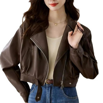 2023 Γυναικεία Vintage Loose Pu Faux δερμάτινο κοντό μπουφάν με ζώνη Streetwear Γυναικεία φερμουάρ Retro Moto Biker Coat outwear tops