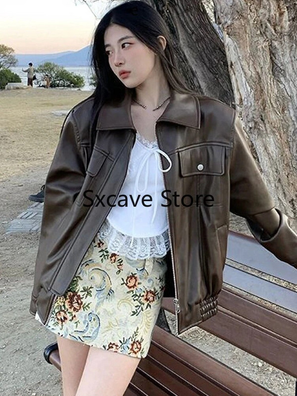 2023. aasta sügisene nahkmantel lahtine High Street Aviator Nahkjakk WomanPunk Mood Pruun Nahkjakk Naiste Tänavarõivad Tõmblukk