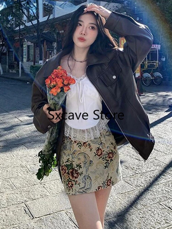 2023. aasta sügisene nahkmantel lahtine High Street Aviator Nahkjakk WomanPunk Mood Pruun Nahkjakk Naiste Tänavarõivad Tõmblukk