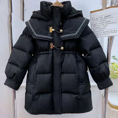 Пуховик 2023 Winter Girl Sweet Long Down μπουφάν με κουκούλα από μεγάλο γούνινο γιακά Παιδικά πάρκα παιδικά ρούχα για κορίτσι αντιανεμικά χοντρά ζεστά παλτό