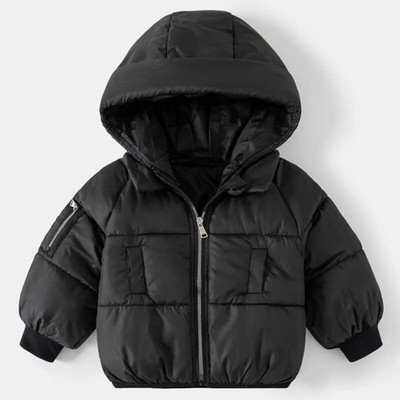 Zimná nová detská jednofarebná kapucňa, teplá a módna plyšová a hrubá bavlnená bunda s dlhým rukávom a zipsom