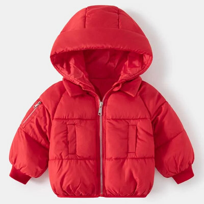 Zimná nová detská jednofarebná kapucňa, teplá a módna plyšová a hrubá bavlnená bunda s dlhým rukávom a zipsom