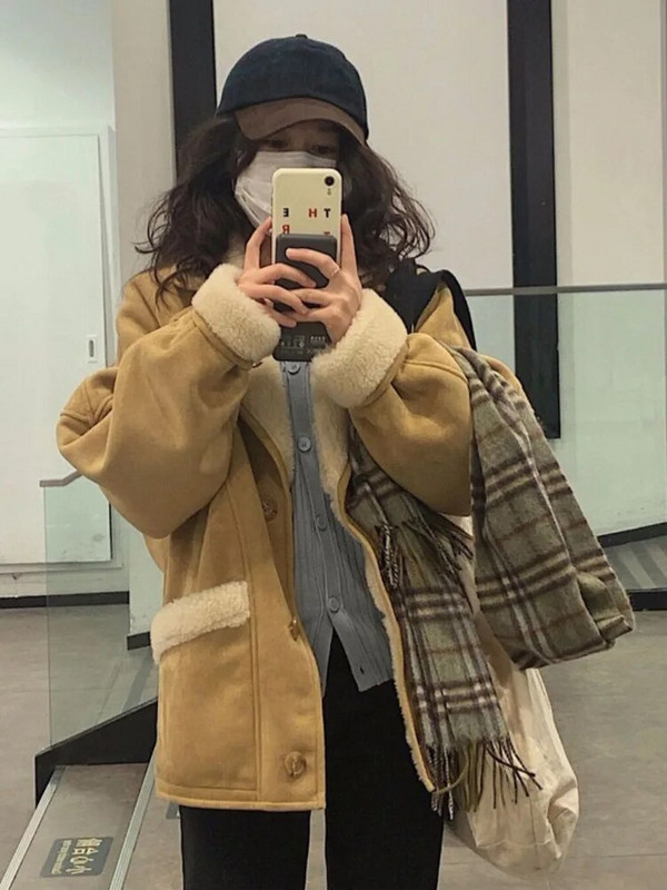 Jachetă de iarnă din lână îngroșată pentru femei, din piele de căprioară, din piele de oaie, parka din lână de miel, îmbrăcăminte exterioară pentru femei