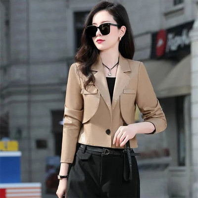 Roheline must nahktagi Naiste riided 2023. aasta kevad sügis, uus šikk mootorrattanahad, lühike PU-pi ülikonnamantel, naiste Korea V