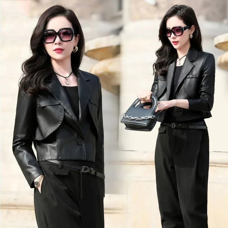 Roheline must nahktagi Naiste riided 2023. aasta kevad sügis, uus šikk mootorrattanahad, lühike PU-pi ülikonnamantel, naiste Korea V