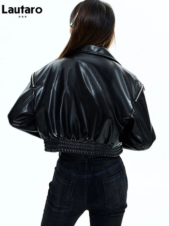 Lautaro Ανοιξιάτικα κοντά μαύρα μπλε τεχνητά δερμάτινα μπουφάν για γυναίκες με μακρυμάνικο φερμουάρ Runway Designer Fashion Πολυτελή ρούχα 2022