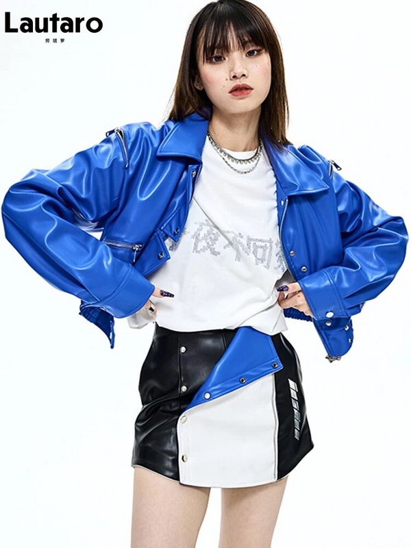 Lautaro kevadised lühikesed mustad sinised kunstnahast jakid naistele pikkade varrukatega lukuga Runway moedisaineri luksuslikud riided 2022