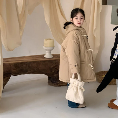Zimné kórejské detské chlapčenské parky s bavlnenou podšívkou, zahustenou kapucňou, batoľa, zimné oblečenie, kabát, ležérny pevný rohový gombík, detská chlapčenská bunda