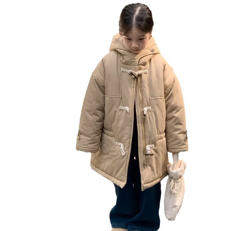 Zimné kórejské detské chlapčenské parky s bavlnenou podšívkou, zahustenou kapucňou, batoľa, zimné oblečenie, kabát, ležérny pevný rohový gombík, detská chlapčenská bunda
