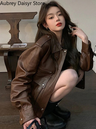 Vintage must nahktagi Naiste Punk Streetwear Biker Tõmblukuga nahkmantel Naiste talvine High Street kunstnahast jope 2023