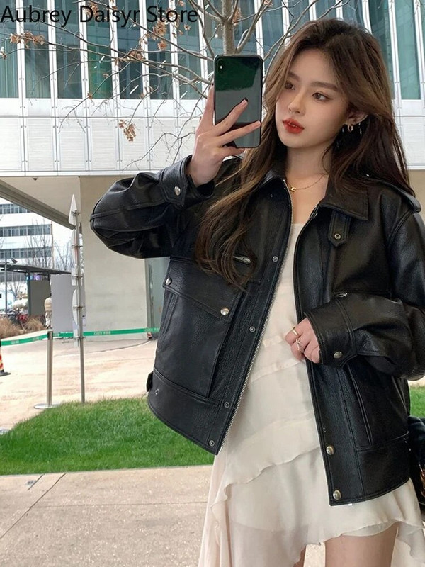 Vintage must nahktagi Naiste Punk Streetwear Biker Tõmblukuga nahkmantel Naiste talvine High Street kunstnahast jope 2023