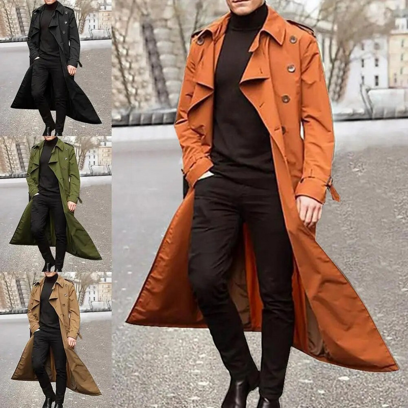 Cool Coat Extra Long Solid Color Pánska bunda Double Breast Trench Coat Overcoat na jeseň