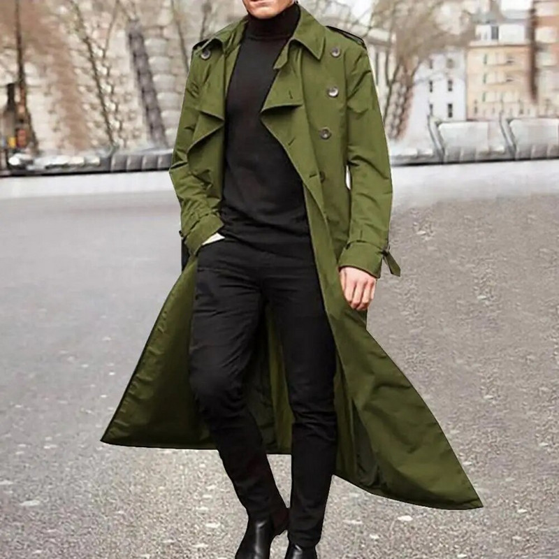 Cool Coat Extra Long Solid Color Pánska bunda Double Breast Trench Coat Overcoat na jeseň