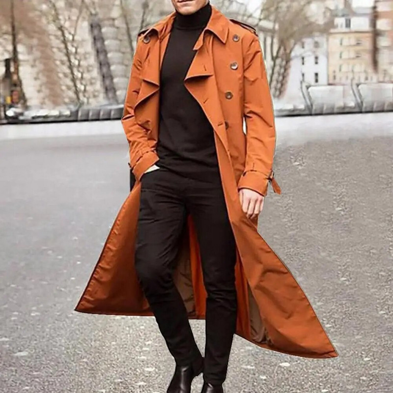 Cool Coat Extra Long Solid Color Pánska bunda Double Breast Trench Coat Overcoat na jeseň