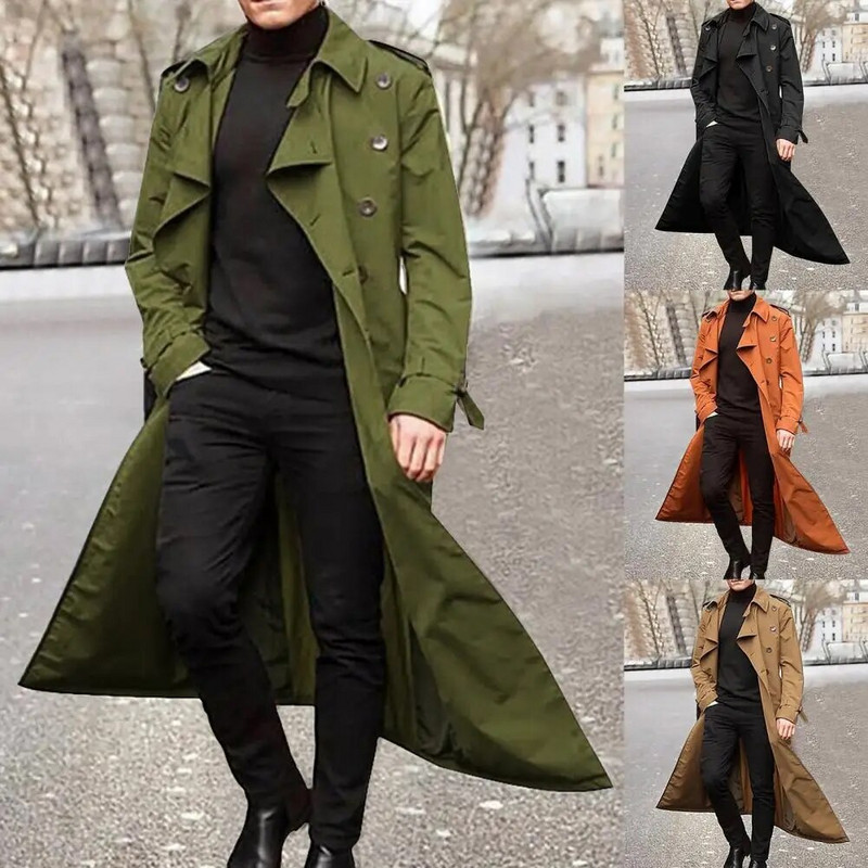 Cool Coat Extra Long Solid Color Pánska bunda Double Breast Trench Coat Overcoat na jeseň