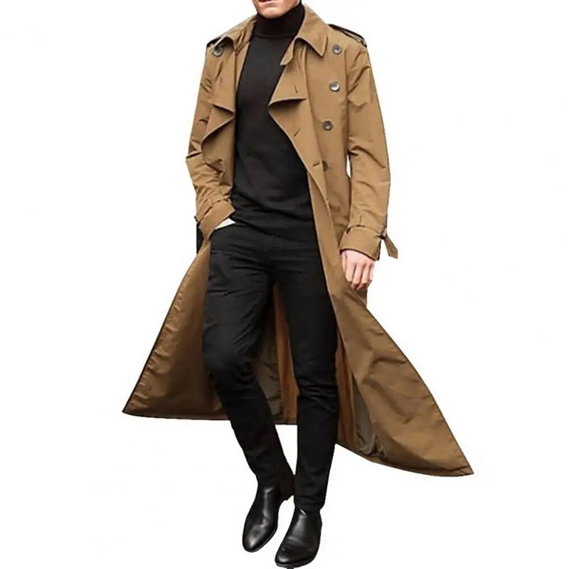 Cool Coat Extra Long Solid Color Pánska bunda Double Breast Trench Coat Overcoat na jeseň