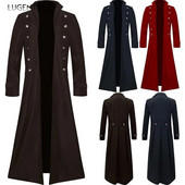 Trench gotic pentru bărbați Palton retro Steampunk Medieval Trim cu două piept Mantoane solide pentru bărbați Trench lung vintage