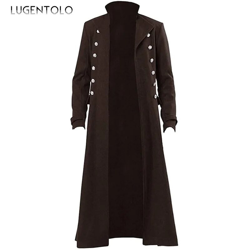 Trench gotic pentru bărbați Palton retro Steampunk Medieval Trim cu două piept Mantoane solide pentru bărbați Trench lung vintage