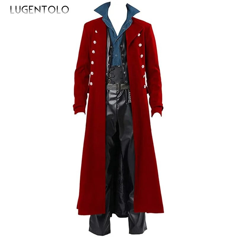 Trench gotic pentru bărbați Palton retro Steampunk Medieval Trim cu două piept Mantoane solide pentru bărbați Trench lung vintage