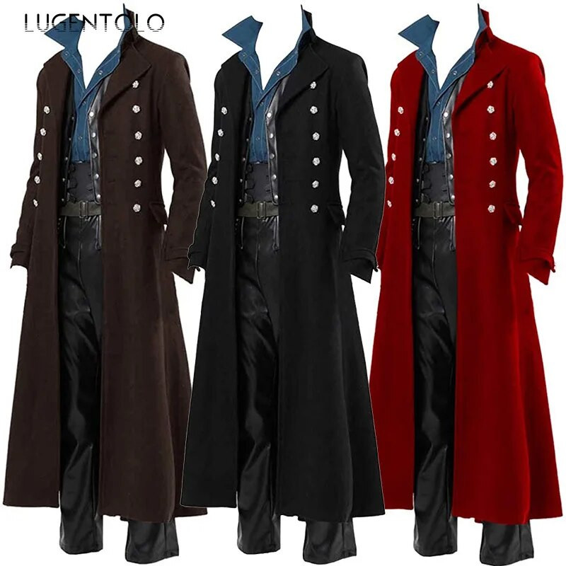 Trench gotic pentru bărbați Palton retro Steampunk Medieval Trim cu două piept Mantoane solide pentru bărbați Trench lung vintage