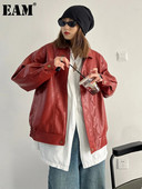 [EAM] Lahti istuv punane PU-nahast suur vabaaja jope Uus rev, pikkade varrukatega naiste mantel, mood, mõõn, kevad sügis 2024 1DF2805