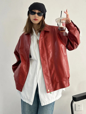 [EAM] Loose Fit Κόκκινο PU Δερμάτινο Casual Jacket μεγάλου μεγέθους Νέο πέτο με μακρυμάνικο γυναικείο παλτό Μόδα Tide Άνοιξη φθινόπωρο 2024 1DF2805