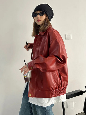 [EAM] Свободно червено PU кожено яке с големи размери, ново дамско палто с дълъг ръкав с ревери, мода, пролет, есен 2024 г. 1DF2805
