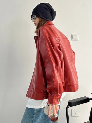 [EAM] Свободно червено PU кожено яке с големи размери, ново дамско палто с дълъг ръкав с ревери, мода, пролет, есен 2024 г. 1DF2805