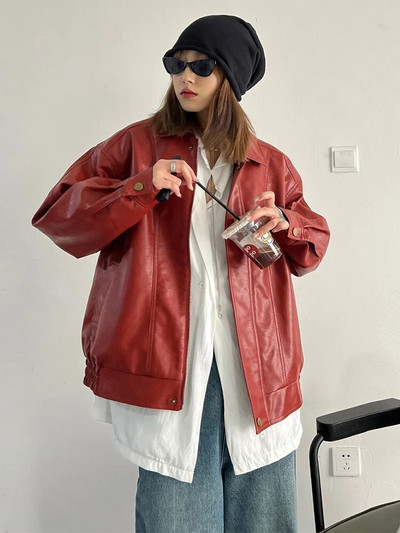 [EAM] Lahti istuv punane PU-nahast suur vabaaja jope Uus rev, pikkade varrukatega naiste mantel, mood, mõõn, kevad sügis 2024 1DF2805