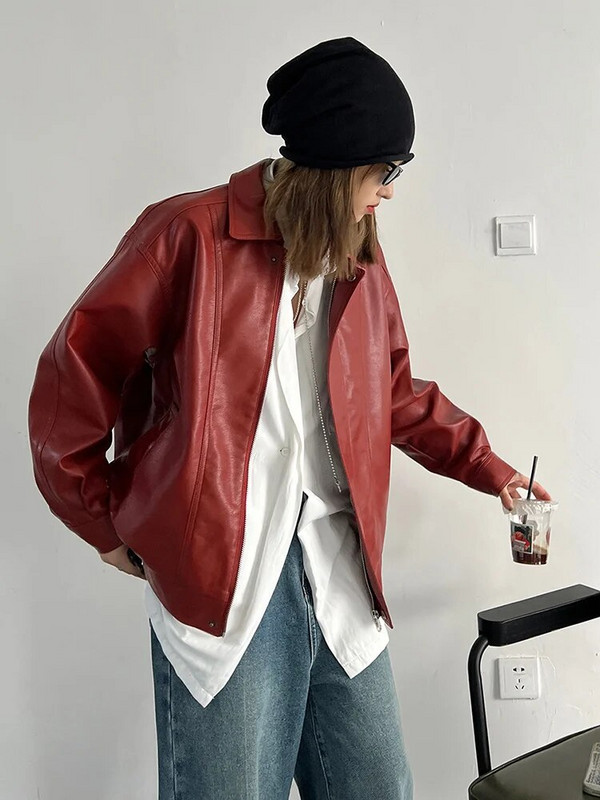 [EAM] Lahti istuv punane PU-nahast suur vabaaja jope Uus rev, pikkade varrukatega naiste mantel, mood, mõõn, kevad sügis 2024 1DF2805