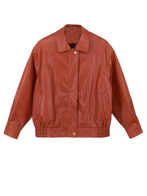 [EAM] Lahti istuv punane PU-nahast suur vabaaja jope Uus rev, pikkade varrukatega naiste mantel, mood, mõõn, kevad sügis 2024 1DF2805