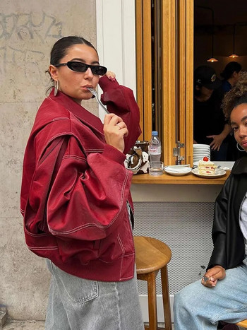 Μόδα Κόκκινες Γυναικείες ραφές Pu Δερμάτινα Μπουφάν Κομψά παλτό με μακρυμάνικο πέτο με φερμουάρ 2023 Φθινόπωρο Γυναικείες τσέπες Μπουφάν στο δρόμο