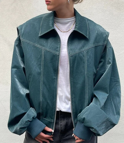 Módne červené dámske šitie PU kožené bundy, elegantné klopové kabáty s dlhým rukávom a zipsom 2023, jesenná dámska bunda s vreckami