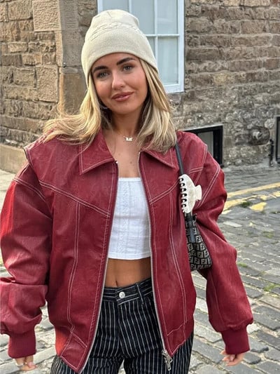 Módne červené dámske šitie PU kožené bundy, elegantné klopové kabáty s dlhým rukávom a zipsom 2023, jesenná dámska bunda s vreckami