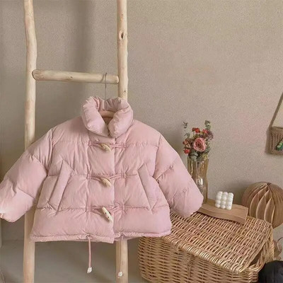 Divatos lány pamut párnázott kabát Vintage téli gyerek vastag meleg steppelt kabát kürt gombos kabát felsőruházat babaruhák 1-8Y