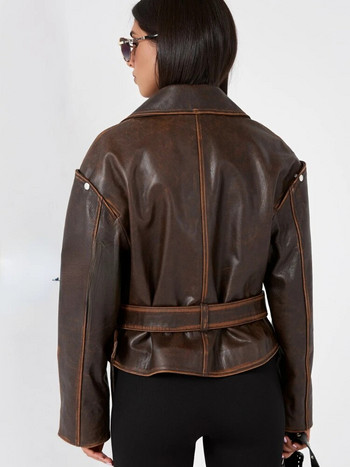 RR2763 Винтидж якета от изкуствена кожа с имитация на презрамки Дамско модно велурено лилаво кожено яке с издълбано рамо