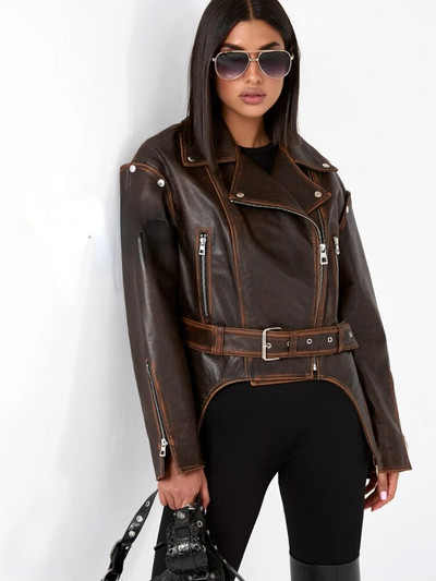 RR2763 Vintage ψεύτικη δερμάτινη πλεξούδα με απομιμήσεις ιμάντες μπουφάν Γυναικεία μόδα σουέτ Μωβ δερμάτινο μπουφάν με κούφια έξω ώμου