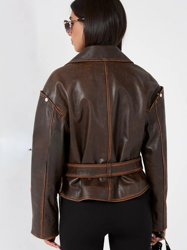 RR2763 Vintage ψεύτικη δερμάτινη πλεξούδα με απομιμήσεις ιμάντες μπουφάν Γυναικεία μόδα σουέτ Μωβ δερμάτινο μπουφάν με κούφια έξω ώμου