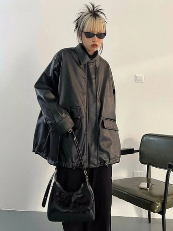 Ανοιξιάτικο φθινόπωρο μαύρο δερμάτινο μπουφάν Γυναικείο υπερμεγέθη Bomber Pu Jackets Zippper Loose Cool casual soft outwear Pu Female 2023