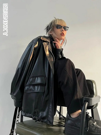 Jarná jesenná čierna kožená bunda pre ženy, nadrozmerné bombardéry, PU bundy na zips, voľné, štýlové, ležérne, mäkké PU vrchné oblečenie pre ženy 2023