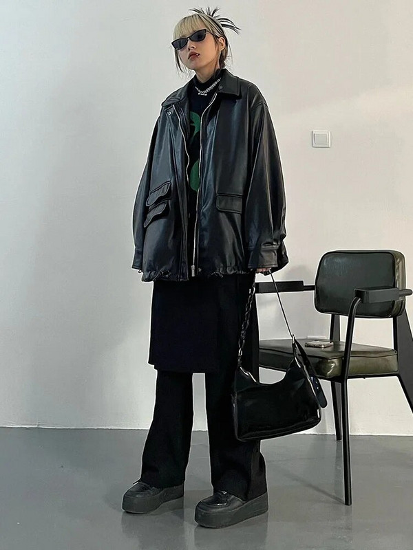 Jarná jesenná čierna kožená bunda pre ženy, nadrozmerné bombardéry, PU bundy na zips, voľné, štýlové, ležérne, mäkké PU vrchné oblečenie pre ženy 2023