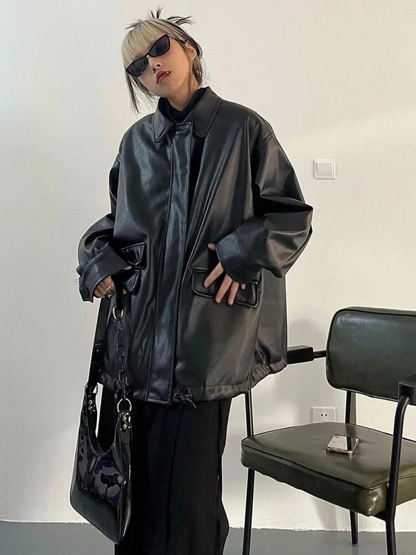 Jarná jesenná čierna kožená bunda pre ženy, nadrozmerné bombardéry, PU bundy na zips, voľné, štýlové, ležérne, mäkké PU vrchné oblečenie pre ženy 2023