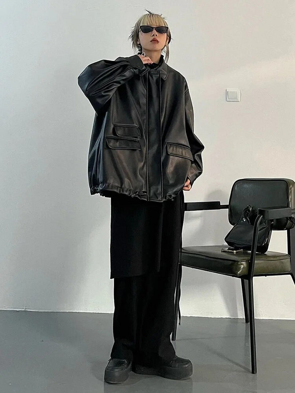 Jarná jesenná čierna kožená bunda pre ženy, nadrozmerné bombardéry, PU bundy na zips, voľné, štýlové, ležérne, mäkké PU vrchné oblečenie pre ženy 2023