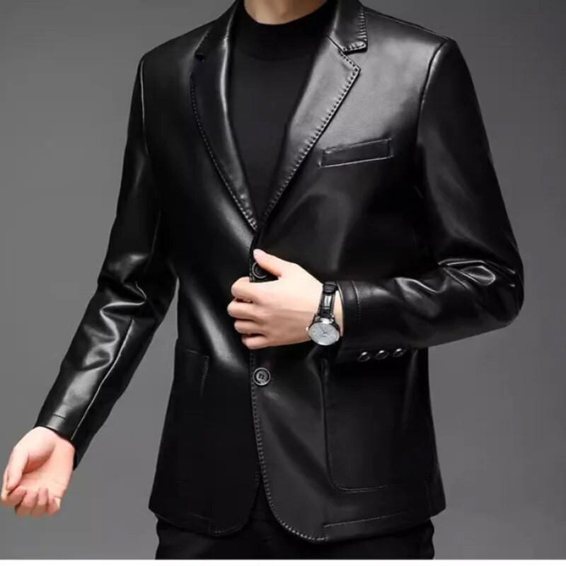 Meeste nahast kostüüm jakk Kvaliteetne PU-nahast jakk-kostüüm Krae vabaaja keskealine mantel