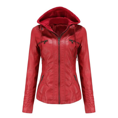 Naiste kunstnahast jope 2023. aasta kevadkapuutsiga Moto Biker tõmblukuga jope Uus ülerõivastes, sügisene aprikoosi must valge punane pruun XS